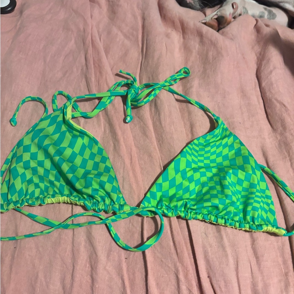 Frankie's Bikinis Green and Neon Yellow Checker Triangle Bikini Top